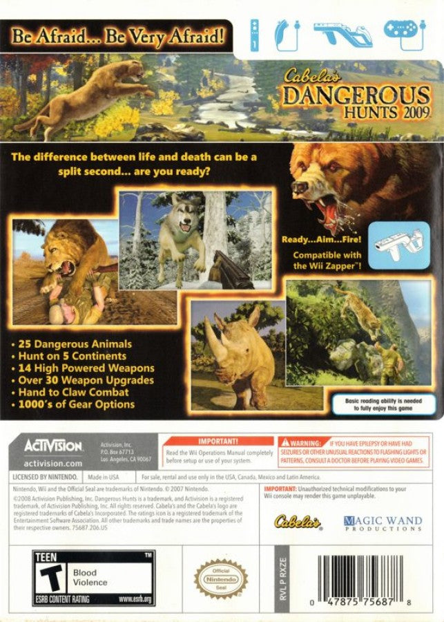 Cabela's Dangerous Hunts 2009 back cover art for Nintendo Wii (Wii) video game