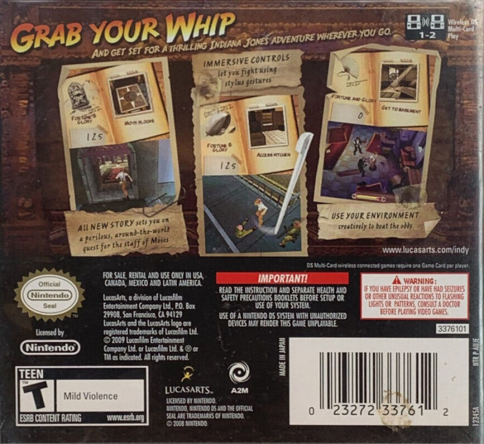 Indiana Jones and the Staff of Kings Nintendo DS video game featuring classic LucasArts action adventure gameplay whip combat puzzle solving touch screen controls and cinematic treasure hunting storyline back cover