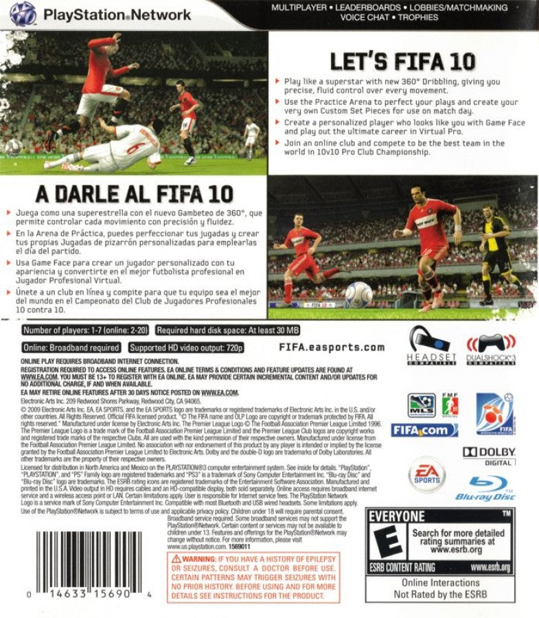 FIFA Soccer 10 retro PlayStation 3 video game featuring realistic football gameplay, online multiplayer matches, tournament competition and classic PS3 entertainment - back of case