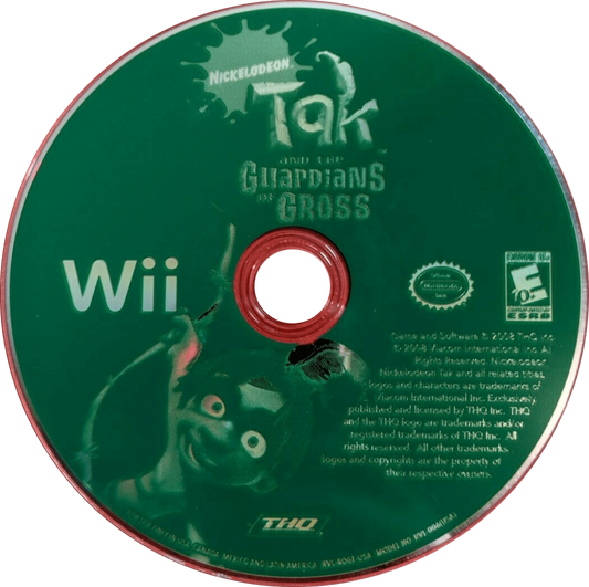 Tak and the Guardians of Gross game for the Nintendo Wii featuring action adventure gameplay with motion controls puzzle solving platforming elements and humorous story driven missions as Tak battles gross themed enemies and saves the jungle disc