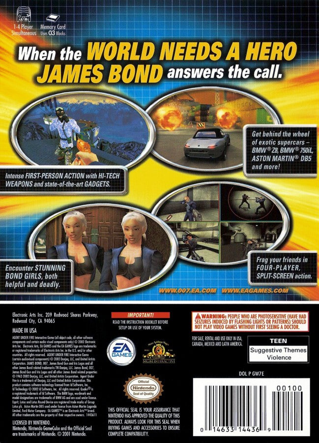 007 Agent Under Fire Player’s Choice edition game for the Nintendo GameCube featuring first person shooter gameplay with mission based objectives stealth segments driving levels and gadgets as James Bond in an original storyline back cover
