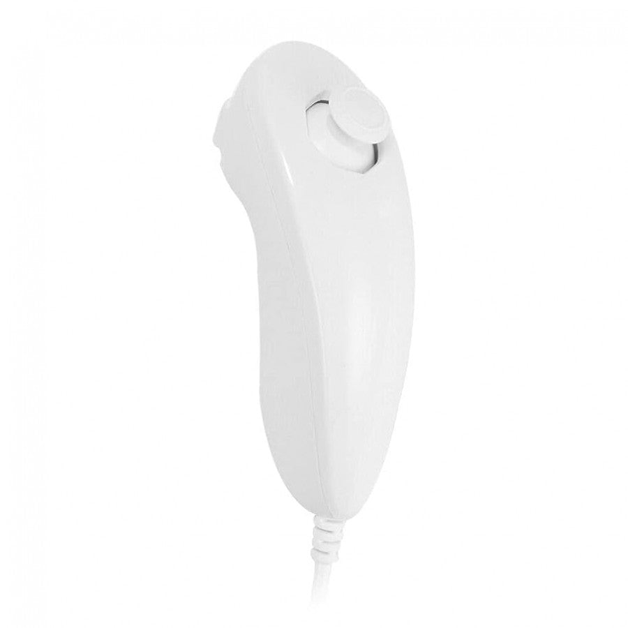 Top view of white Nintendo Wii Nunchuk showing joystick and buttons