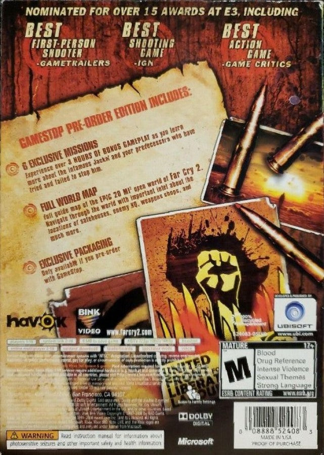 Far Cry 2 GameStop Edition for Xbox 360 with open-world firefighting and survival theme pre-order back cover
