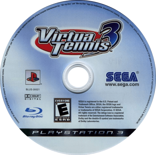 Virtua Tennis 3 PlayStation 3 sports simulation video game Sega arcade tennis real world pros Roger Federer Rafael Nadal Maria Sharapova World Tour career mode training mini-games court games doubles online multiplayer 1080p HD graphics disc