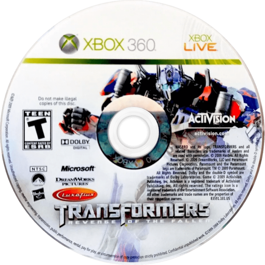 Transformers: Revenge of the Fallen disc for Xbox 360 (X360) action-adventure superhero video game