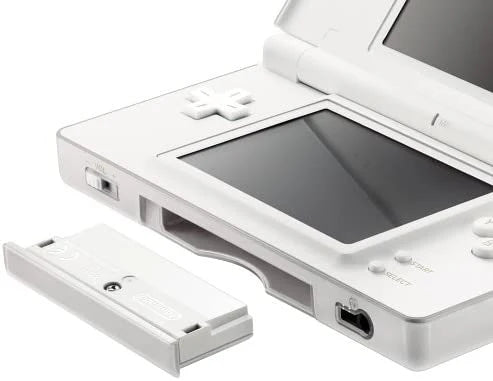 White Nintendo DS Lite console handheld gaming system featuring dual screens touch screen controls built in microphone wireless multiplayer compact foldable design backward compatibility with Game Boy Advance GBA games iconic Nintendo hardware portable gaming collectible gaming appeal