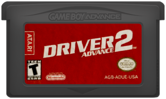 Driver 2 Advance for Game Boy Advance, cartridge for an action driving video game with mission-based gameplay, open city environments, vehicle chases, and crime-themed challenges