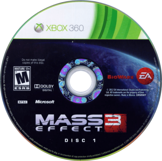Mass Effect 3 disc for Xbox 360 (X360) sci-fi action role-playing video game