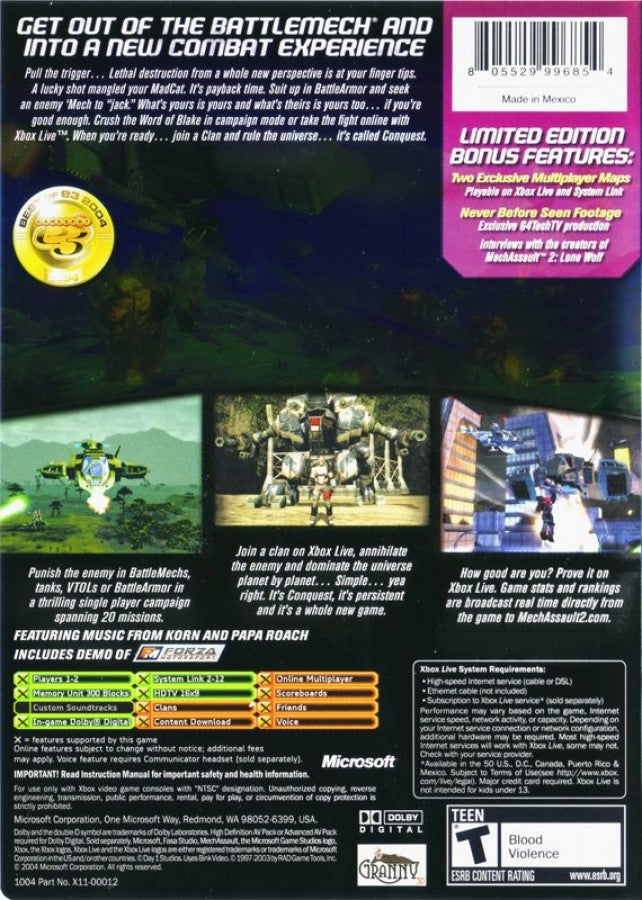 MechAssault 2 Lone Wolf Limited Edition retro Xbox video game MechAssault futuristic mech combat robotic warfare sci fi action shooter explosive battles multiplayer campaign special edition console title Xbox release back of case