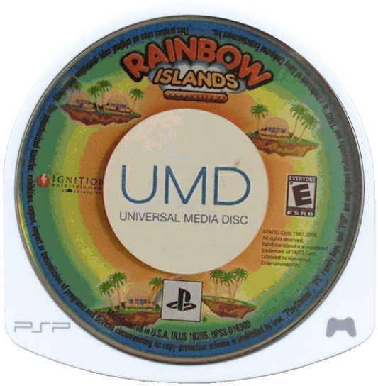 Rainbow Islands Evolution PSP inspired design featuring colorful fantasy platform adventure aesthetic classic arcade inspired gameplay magical rainbow powers whimsical worlds charming characters vibrant retro action handheld gaming presentation UMD