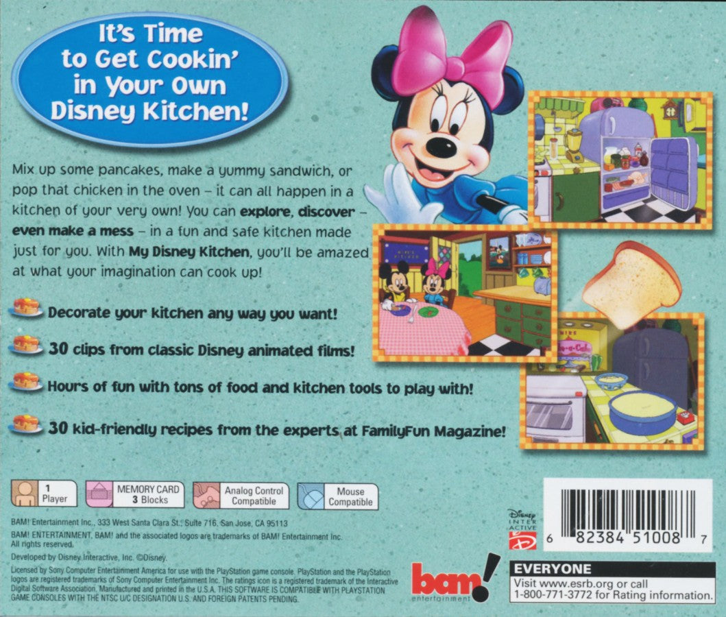 My Disney Kitchen PS1 PlayStation 1 educational simulation game kids cooking mini games Disney themed casual gameplay retro video game back of case