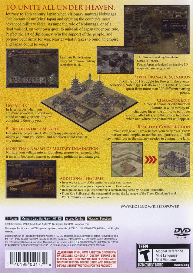 Nobunagas Ambition Rise to Power PlayStation 2 PS2 retro video game grand strategy back of case