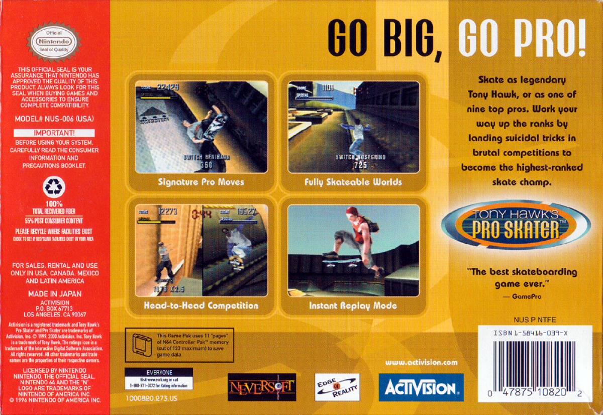 Tony Hawk's Pro Skater back cover art for Nintendo 64 (N64) video game