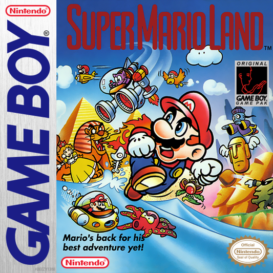 Super Mario Land Game Boy cover art with Mario and characters on a blue background