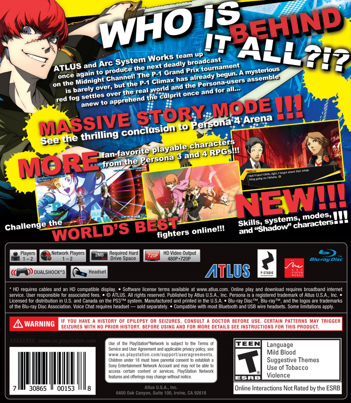 Persona 4 Arena Ultimax PlayStation 3 PS3 for retro video game enthusiasts featuring anime fighting gameplay fast paced 2D combat Persona summoning mechanics character driven story modes stylish visual novel elements combo based battles and collectible gaming appeal back cover