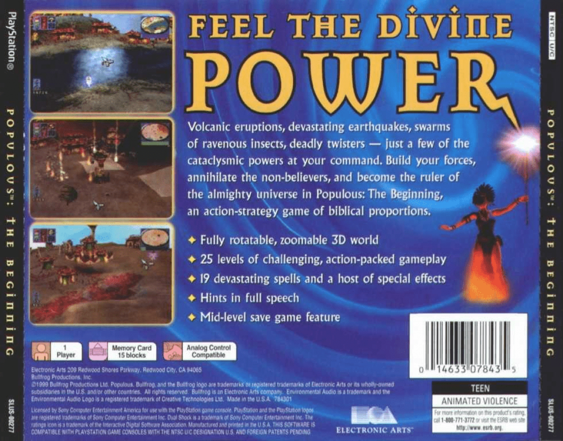Populous: The Beginning back of case for PlayStation 1 (PS1) real-time strategy video game