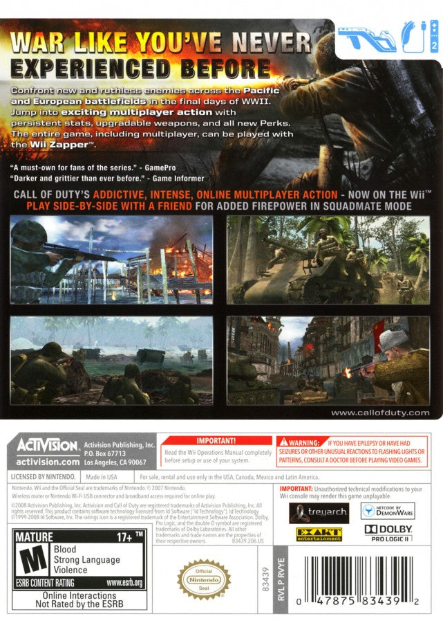 Call of Duty: World at War back cover art for Nintendo Wii (Wii) video game