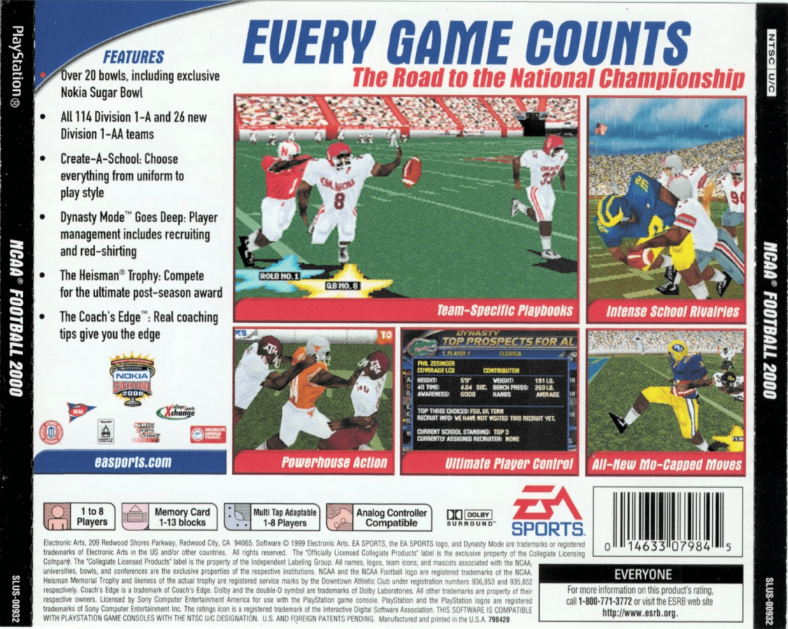 NCAA Football 2000 back of case for PlayStation 1 (PS1) retro football video game