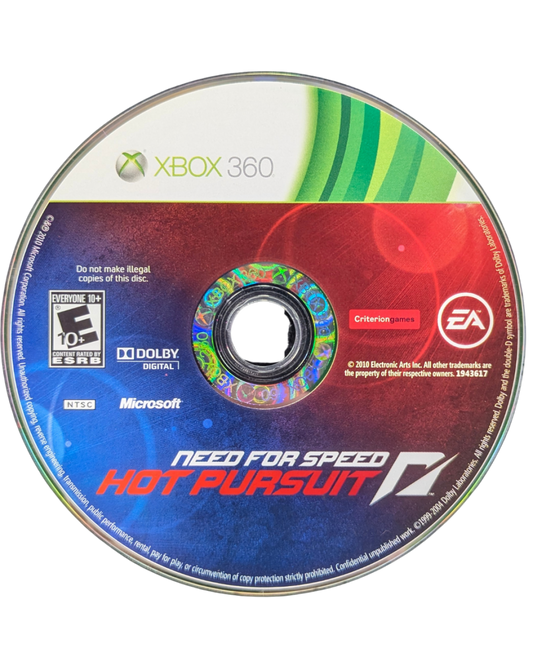 Need for Speed Hot Pursuit Xbox 360 video game, arcade racing action, high-speed police chases, multiplayer and online gameplay, console title disc