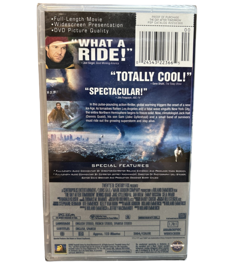The Day After Tomorrow PSP UMD movie PlayStation Portable disaster film Blu ray style video playback portable cinema extreme weather global climate catastrophe survival thriller 20th Century Fox handheld movie disc PSP video UMD format film adaptation Roland Emmerich movie entertainment portable media system back cover