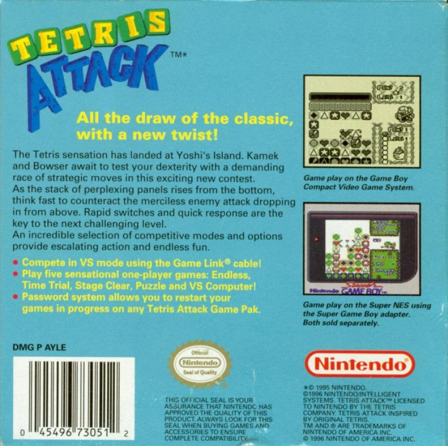 Tetris Attack Nintendo Game Boy GB for puzzle retro video game fans featuring fast paced tile matching strategic gameplay colorful character themes challenging puzzle levels addictive arcade action classic handheld gaming collectible gaming appeal back of case