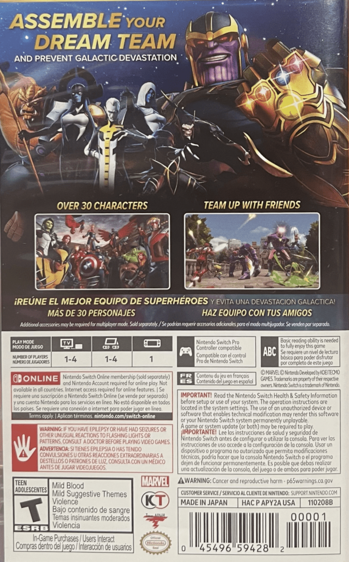 Marvel Ultimate Alliance 3 The Black Order back of box for Nintendo Switch action RPG video game