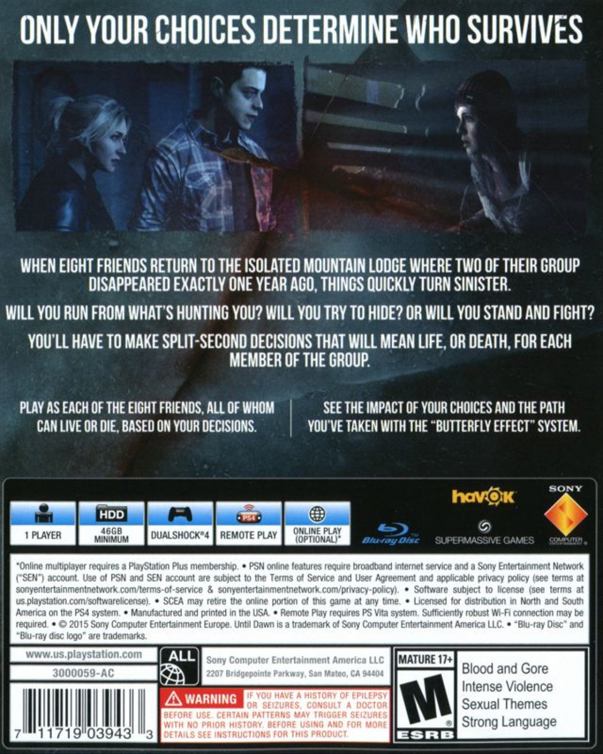 Until Dawn – PlayStation 4 (PS4) video game back of case, cinematic horror adventure game.