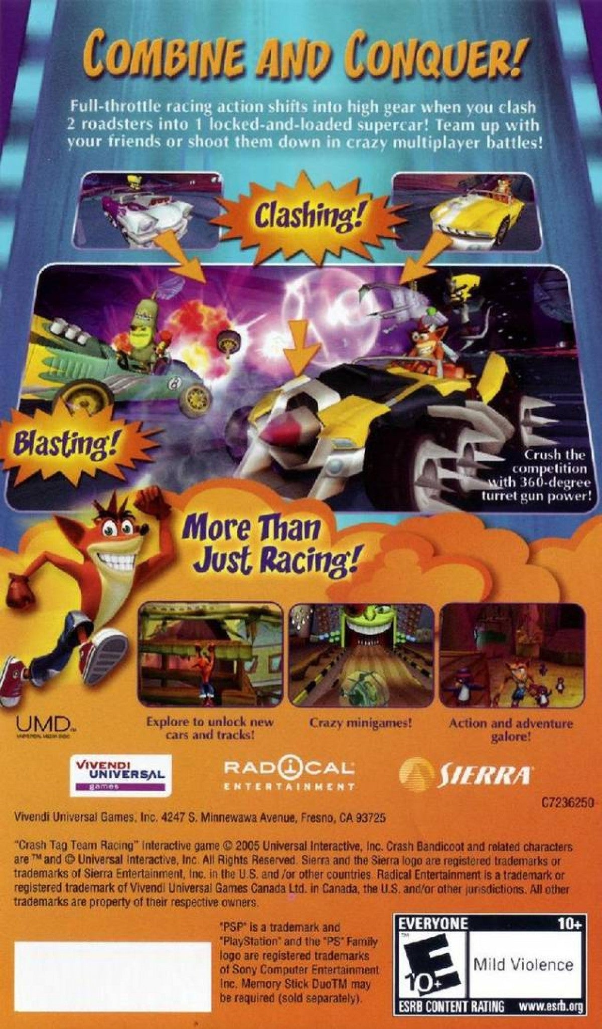 Crash Tag Team Racing PlayStation Portable PSP for retro video game enthusiasts featuring arcade kart racing gameplay Crash Bandicoot characters vehicle merging mechanics colorful tracks power ups multiplayer action and collectible gaming appeal back cover