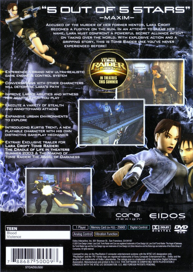 Tomb Raider: The Angel of Darkness – PlayStation 2 (PS2) video game back of case, action-adventure.