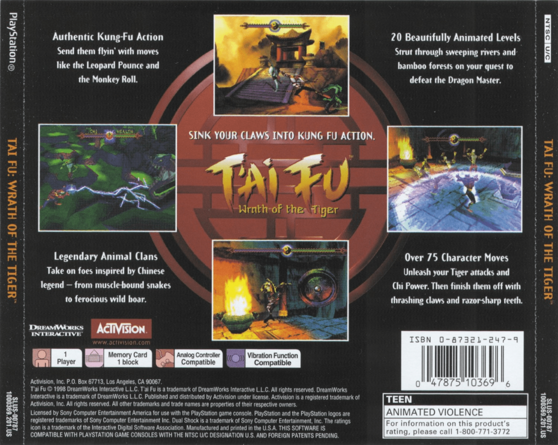 Tai Fu: Wrath of the Tiger back of case for PlayStation 1 (PS1) action-adventure video game