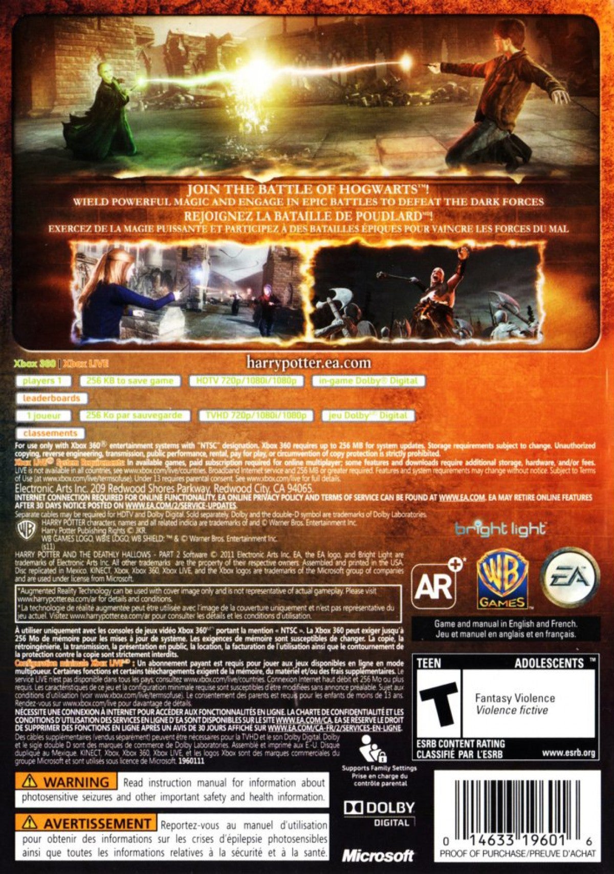 Harry Potter and the Deathly Hallows – Part 2 for Xbox 360 action adventure game based on the final Harry Potter film third person combat spells Hogwarts battle fantasy movie tie in back cover art