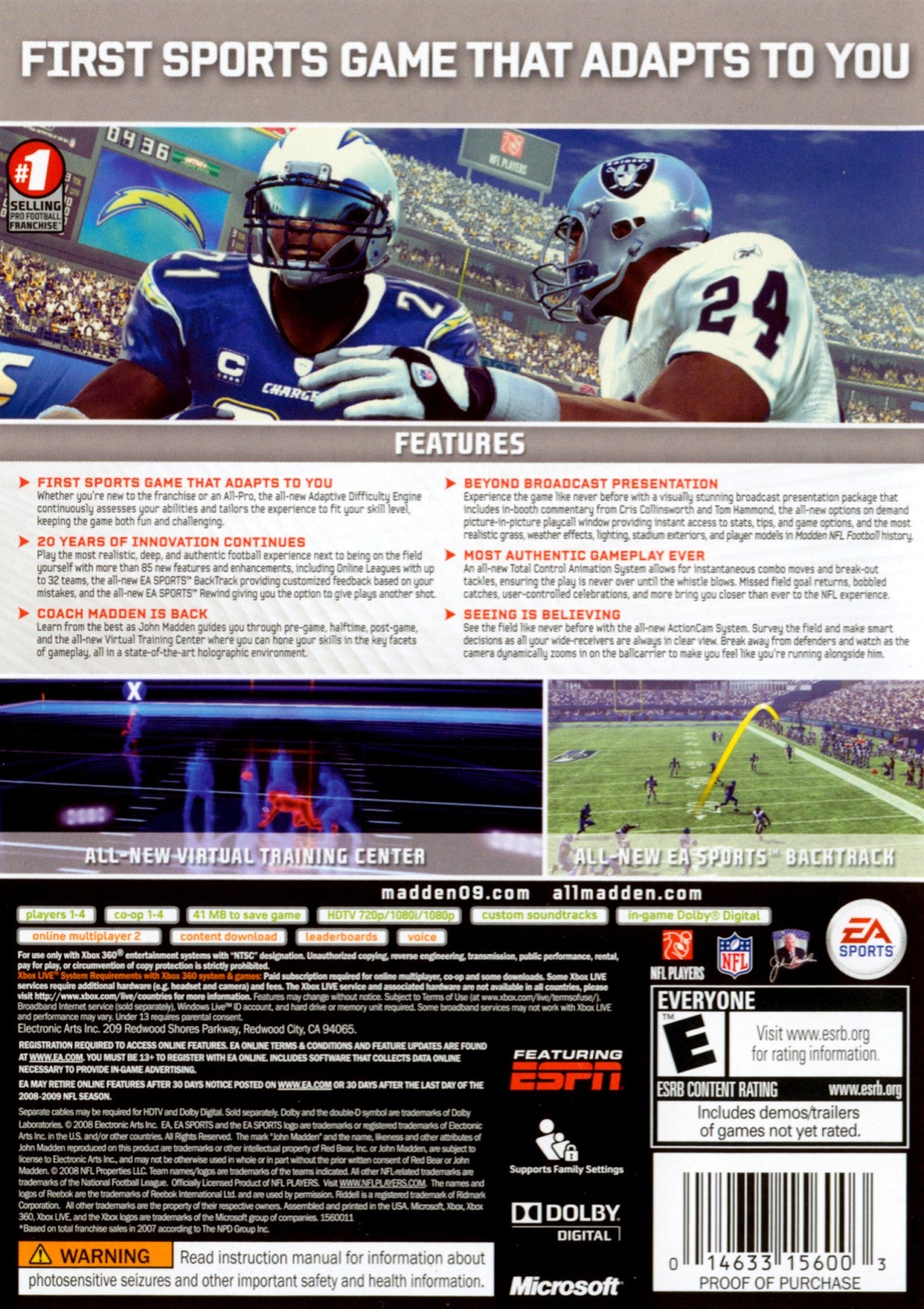 Madden NFL 2009 Xbox 360 video game, American football sports simulation, realistic gameplay, franchise and multiplayer modes, console title back cover