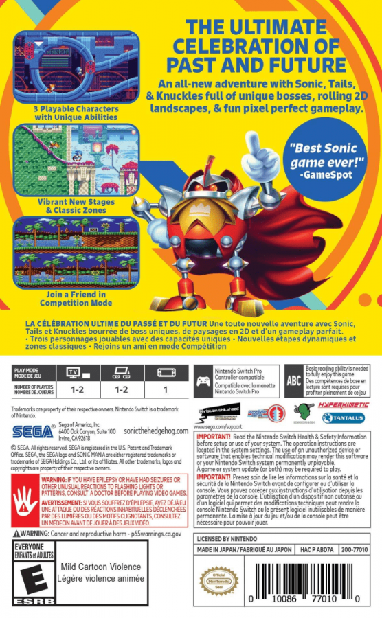 Sonic Mania back of box for Nintendo Switch (NS) video game