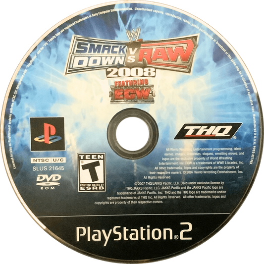 WWE SmackDown vs. Raw 2008 – PlayStation 2 (PS2) video game disc, pro wrestling.