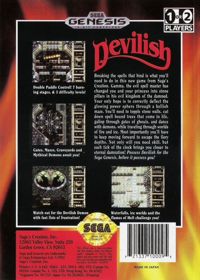 Devilish The Next Possession Sega Genesis GEN for retro video game enthusiasts featuring fantasy pinball action gameplay paddle based mechanics magical themed stages challenging bosses unique arcade style gameplay and collectible gaming appeal back cover