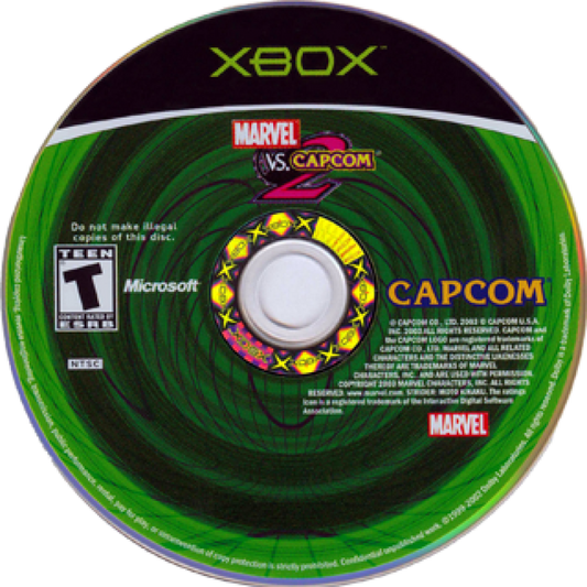 Marvel vs. Capcom 2 Xbox featuring fast-paced 2D fighting gameplay with classic Marvel and Capcom characters disc