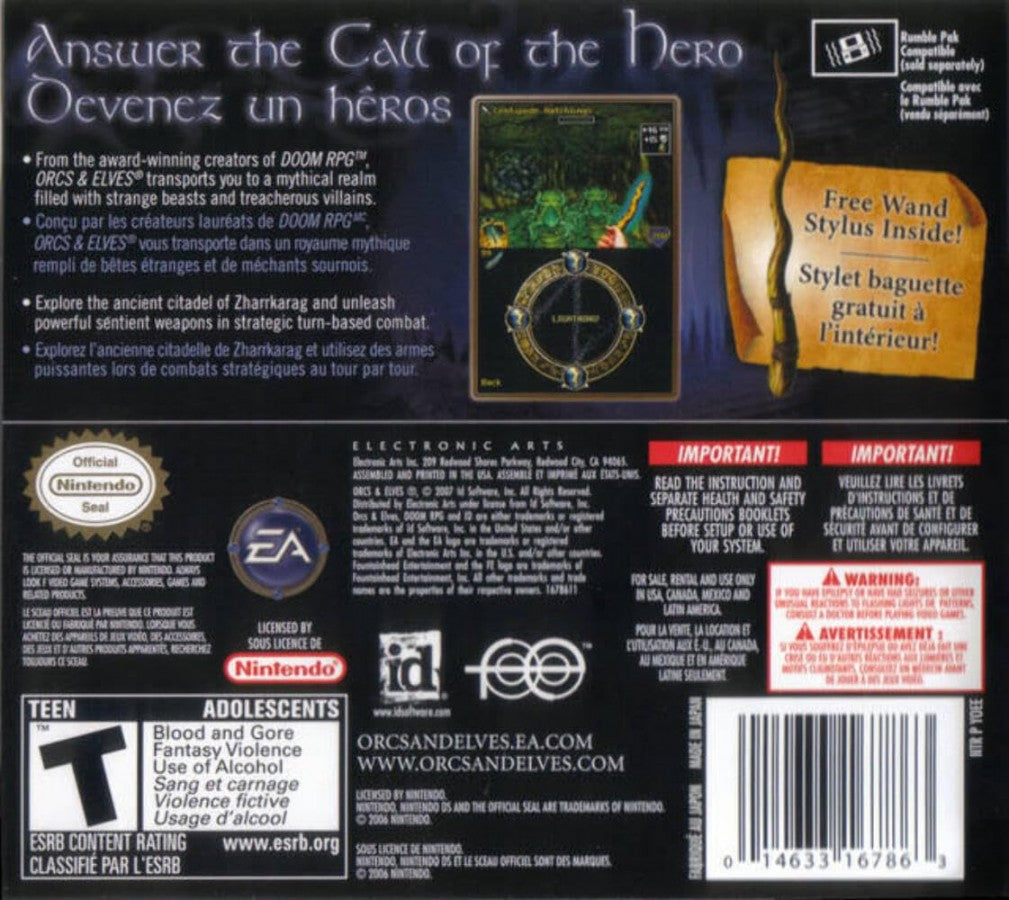 Orcs and Elves Nintendo DS for retro video game enthusiasts featuring first person dungeon crawling gameplay fantasy role playing adventure turn based inspired combat monster encounters puzzle solving magical weapons and collectible gaming appeal back cover
