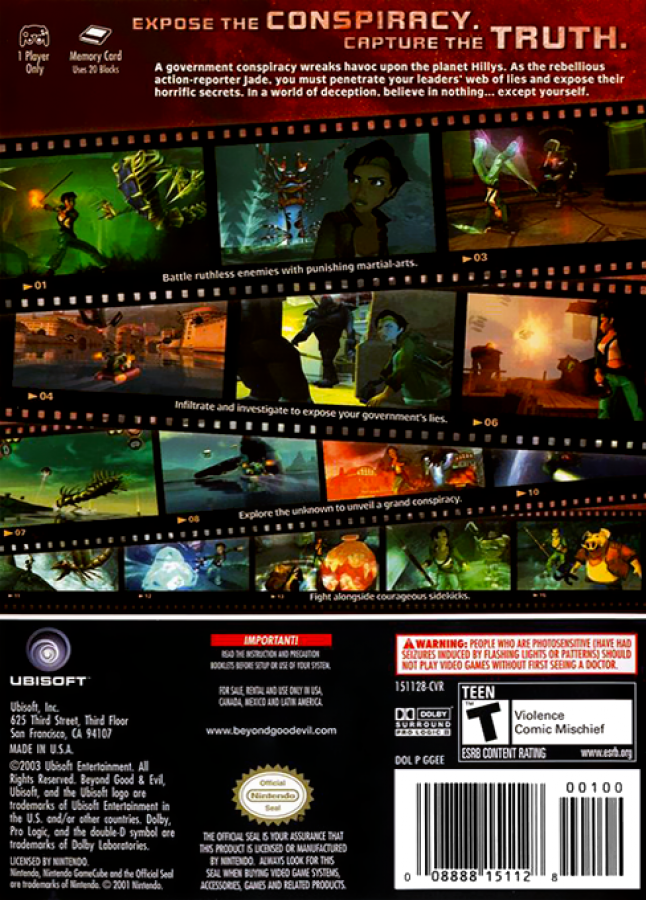 Beyond Good & Evil back cover art for GameCube game featuring action adventure gameplay with exploration, puzzle solving, and sci-fi storytelling