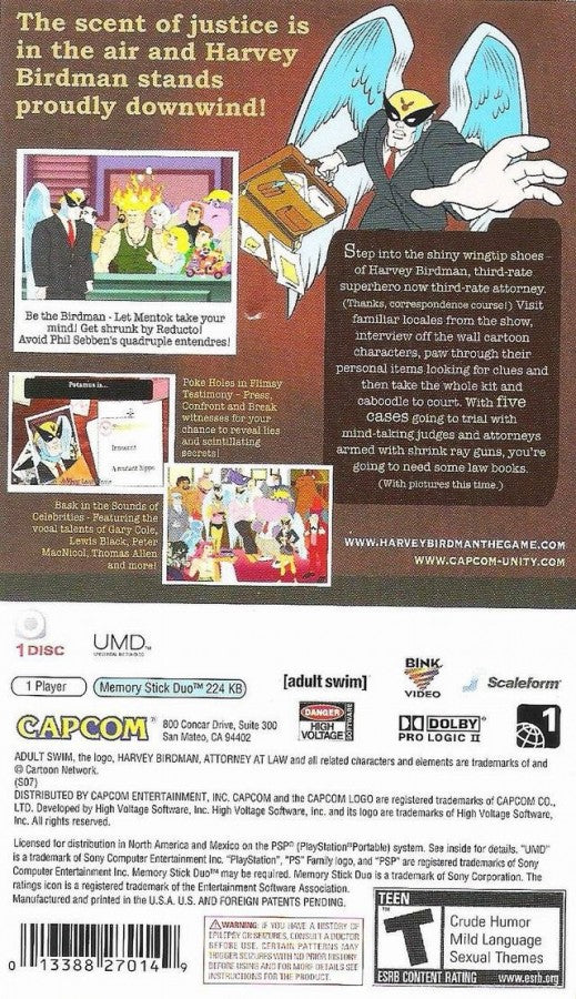 Harvey Birdman: Attorney at Law back of box for PlayStation Portable (PSP) adventure visual novel video game