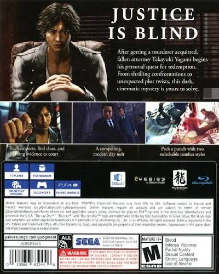 Judgment PlayStation 5 PS5 for action adventure video game fans featuring detective investigation gameplay cinematic crime drama fast paced combat open world exploration engaging storytelling side missions immersive Japanese city setting collectible gaming appeal back box art
