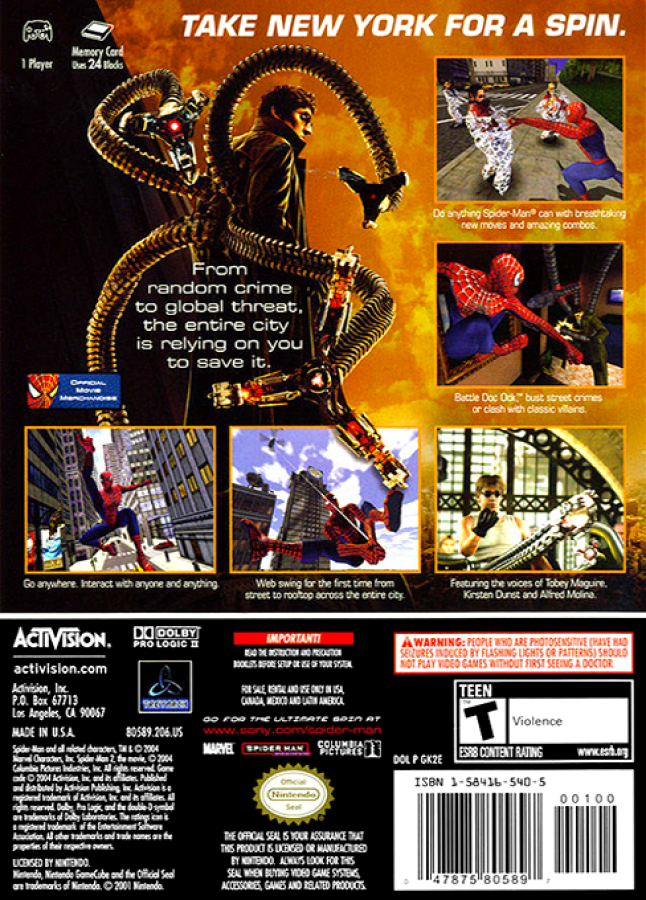 Spider-Man 2 Nintendo GameCube open-world action-adventure web-swinging combat missions based on the film Doctor Octopus villain back cover art