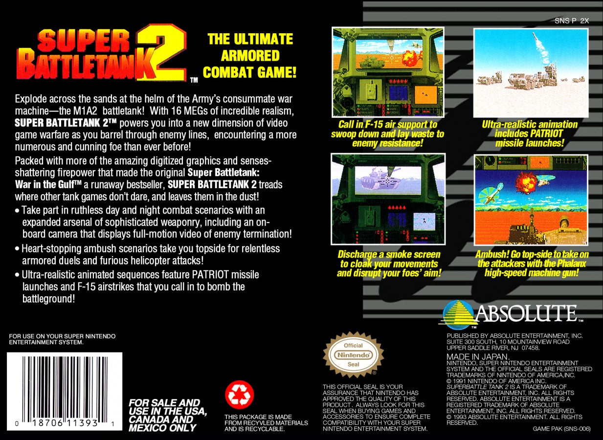 Super Battletank 2 for Super Nintendo Entertainment System with tank combat and military action theme back cover
