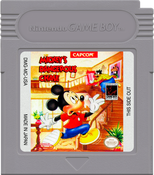 Mickey's Dangerous Chase cartridge art for Game Boy (GB) video game