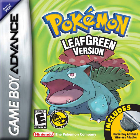 Pokémon Leaf Green Version Game Boy Advance game case with Pokémon on green background