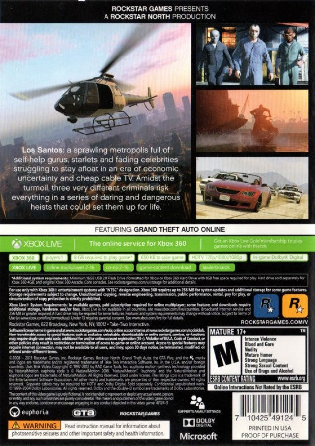 Grand Theft Auto V back of case for Xbox 360 (X360) open-world action-adventure video game