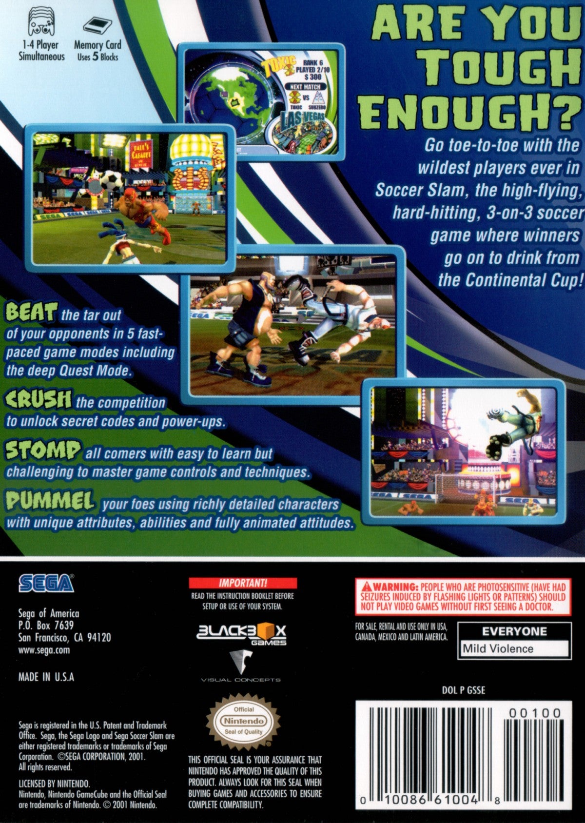 Sega Soccer Slam GameCube GC video game, arcade sports soccer, fast-paced action, multiplayer, stylized gameplay, Nintendo GameCube title back cover art