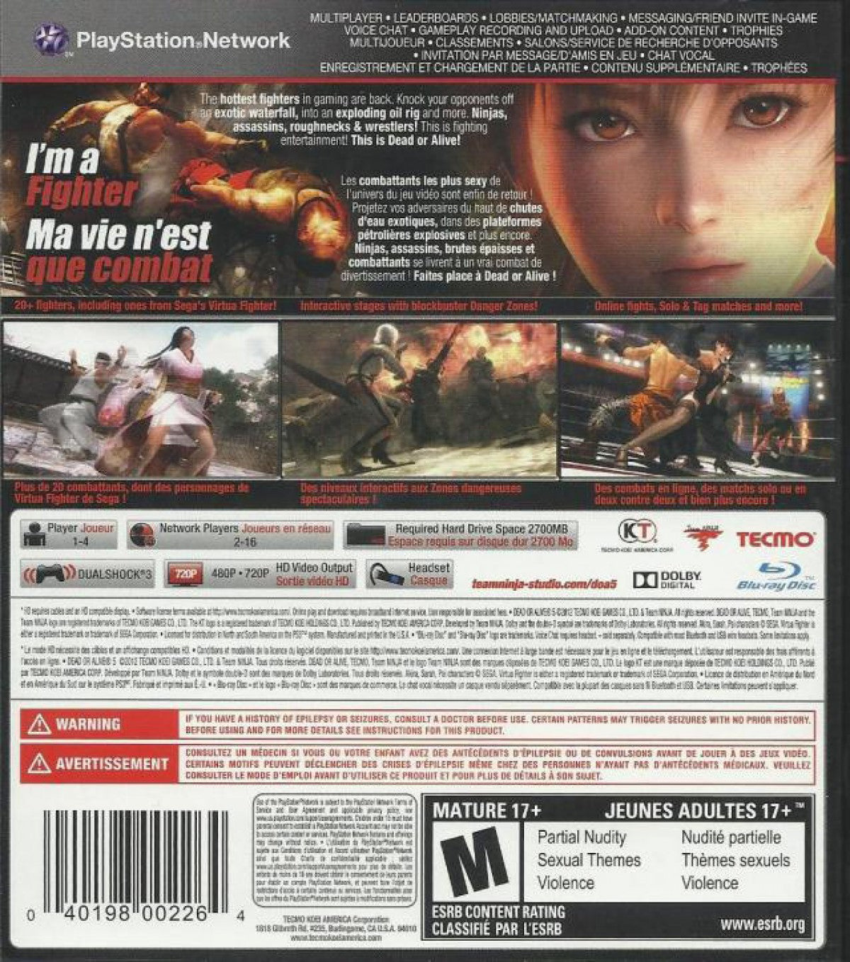 Dead or Alive 5 back cover art for PlayStation 3 (PS3) video game