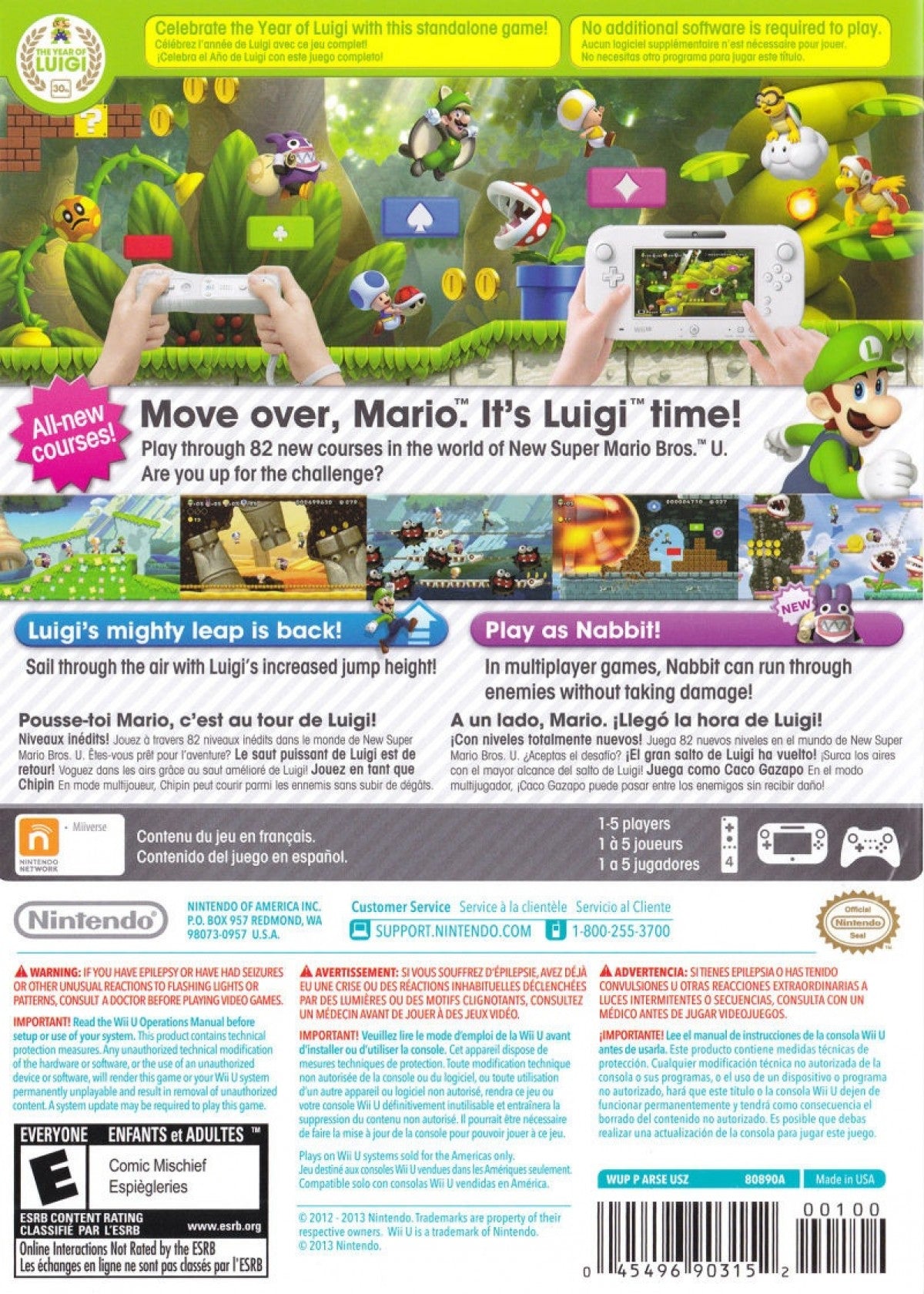New Super Luigi U back cover art for Nintendo Wii U (Wii U) platformer video game.