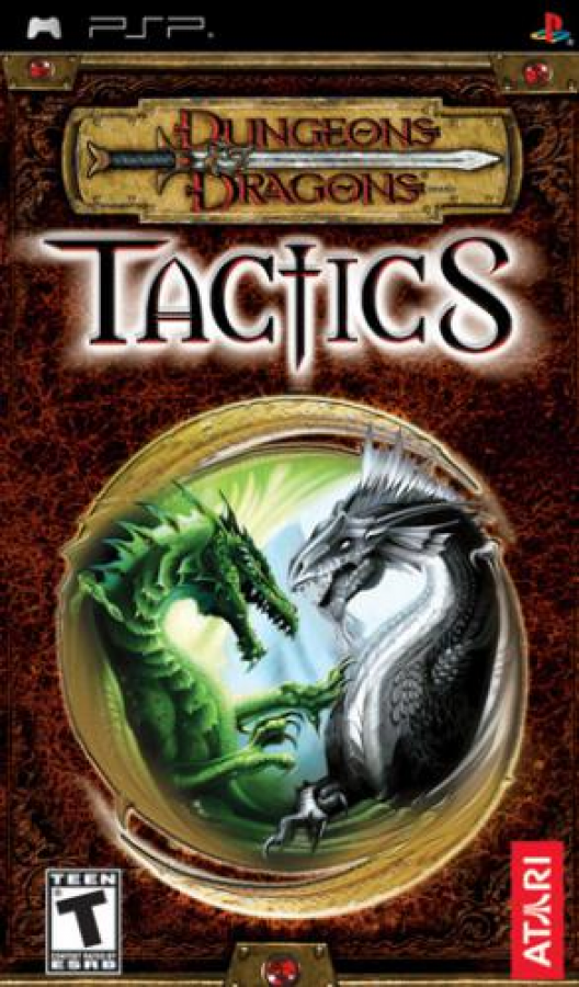 Dungeons & Dragons Tactics game cover for PlayStation Portable (PSP) with two dragons on a brown background