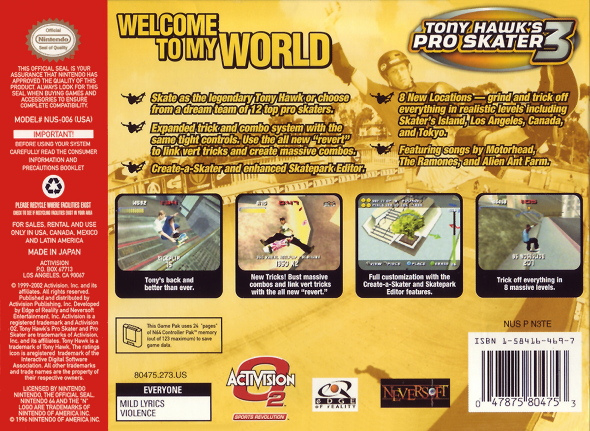 Tony Hawk's Pro Skater 3 back cover art for Nintendo 64 (N64) video game